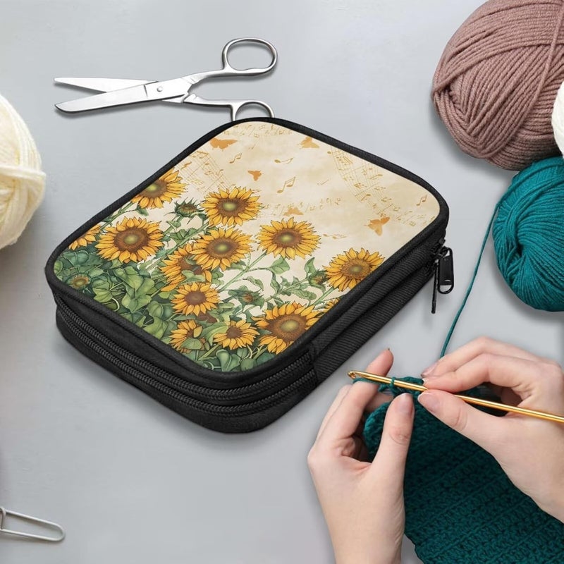 Vanideaoty Store Sunflower Crochet Hook Case Portable Knitting Needle Storage with Web Pockets Crochet Storage Organizer for Swing Hooks, Lighted Hooks, Needles and Accessories - Image 3